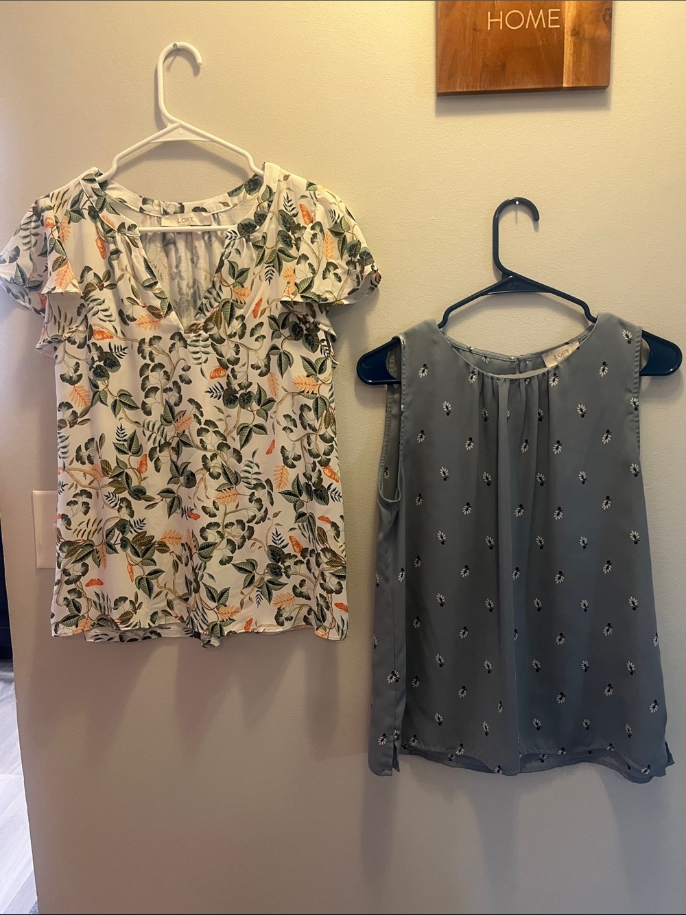 Lot of 2 Loft blouses- White Floral Ruffle Sleeve and Blue Sleeveless